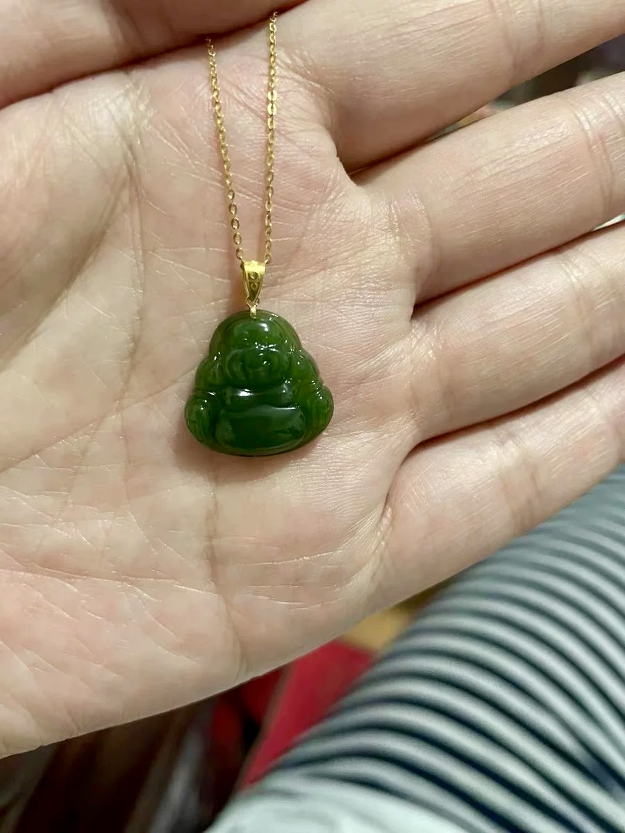 Grüne Jade Buddha Anhänger: 14k Gelbgold Seil Kettenhalskette