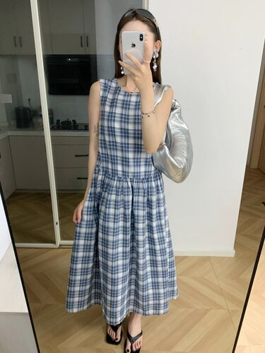 643】『72H限定！半額以下！』チェック柄 ウエストリボン ノースリーブ